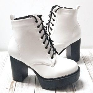 New White Platform Lace Up Lug Combat Boots Block Heel Ankle Booties